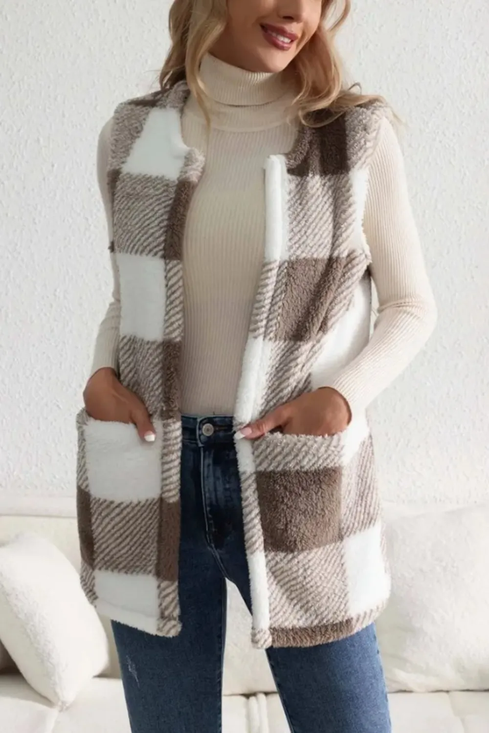 Sherpa Plaid Open Front Vest Coat, image 6