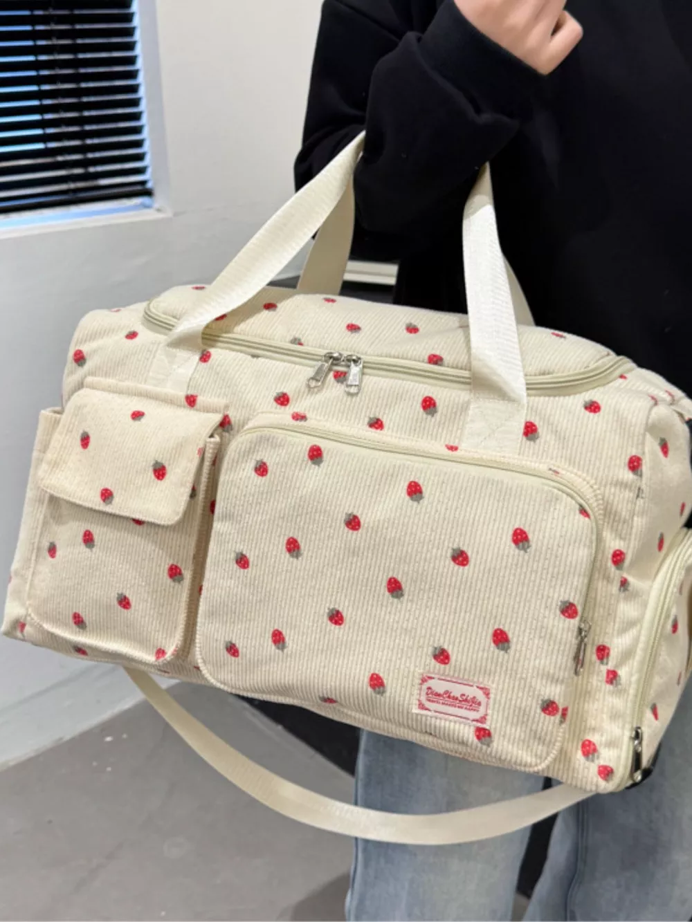 Strawberry Print Corduroy Travel Bag, image 2
