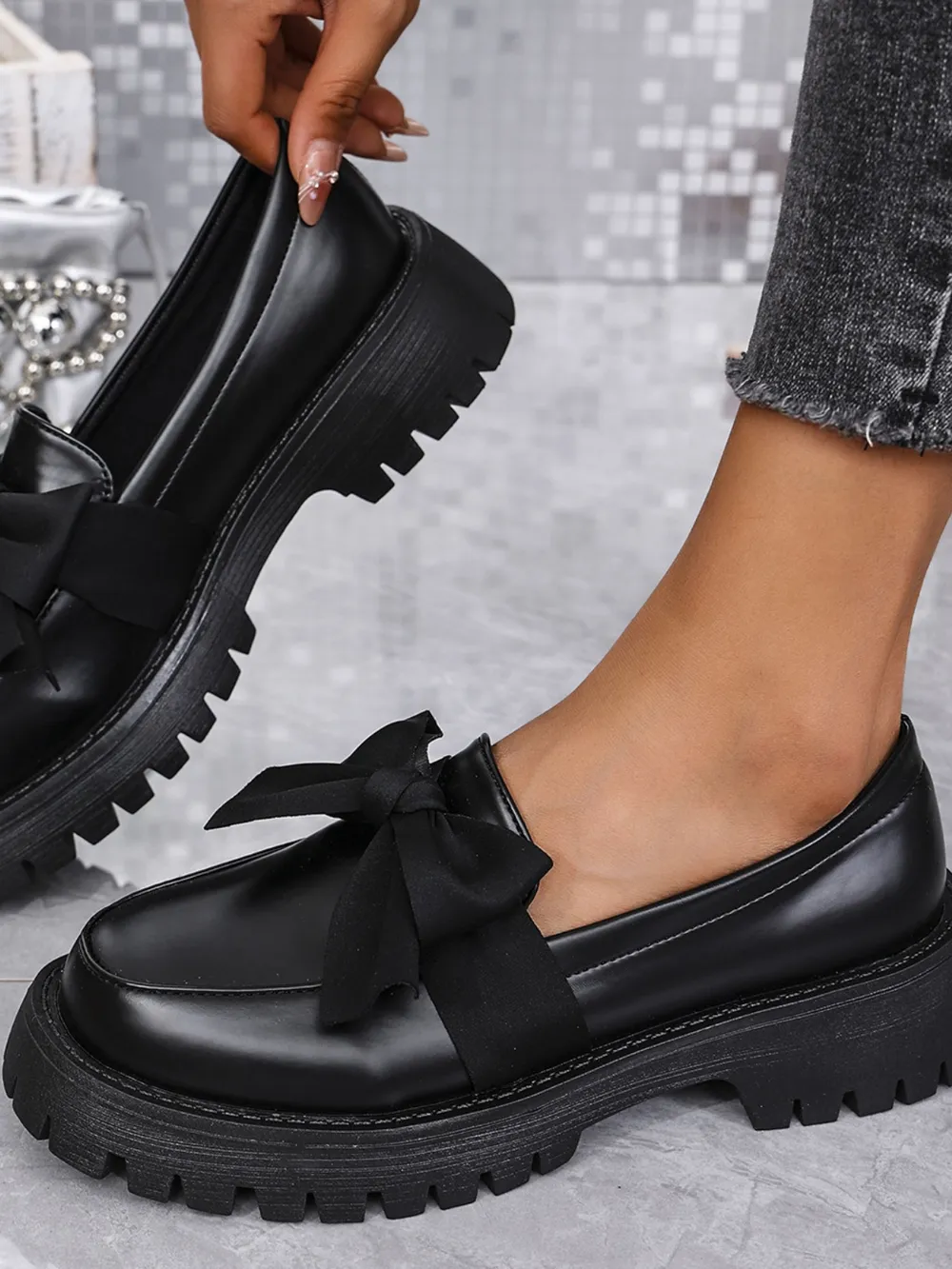 Bow PU Leather Round Toe Loafers, image 6
