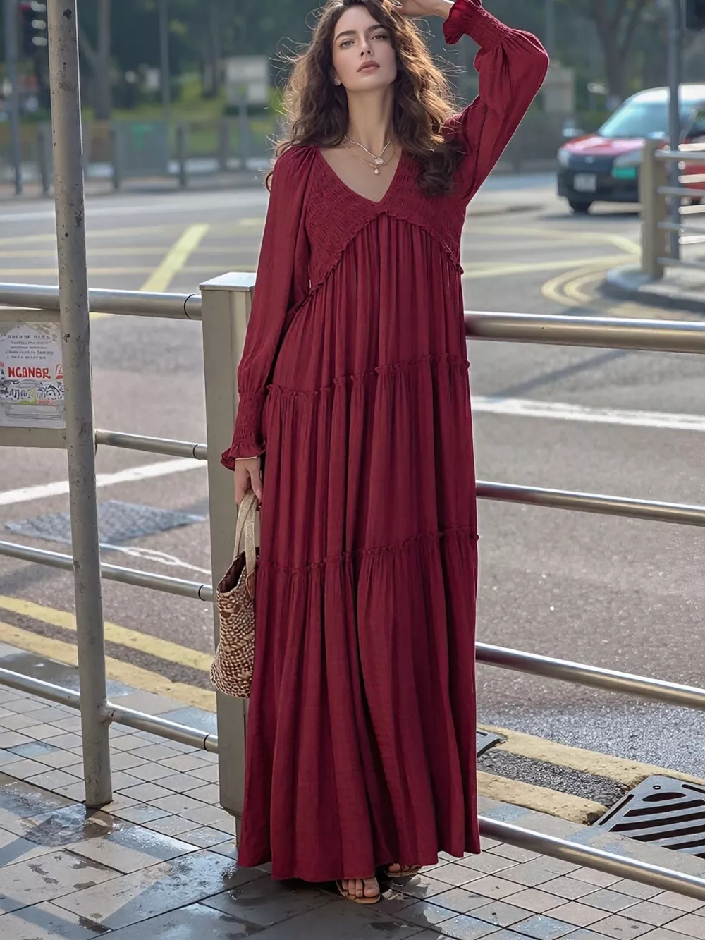 V-Neck Long Sleeve Tiered Maxi Dress, image 18