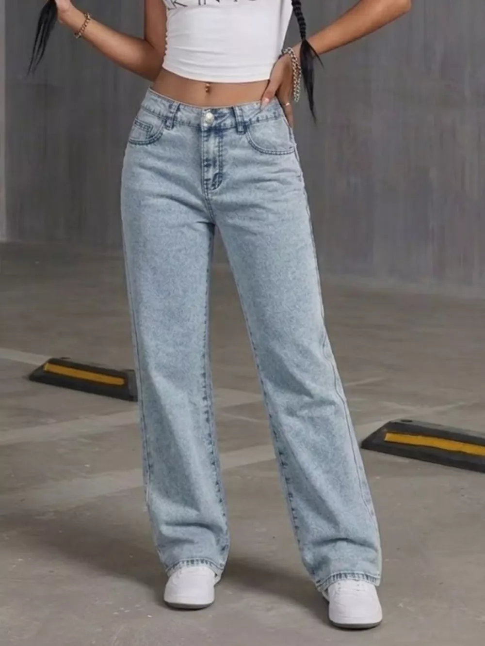 High-Waisted Acid Wash Straight Leg Jeans