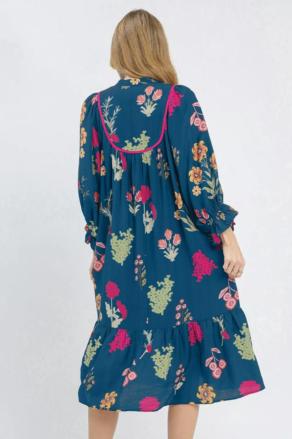 Floral Print Gathered Neckline 7/8 Sleeve Casual Midi Dress, image 4
