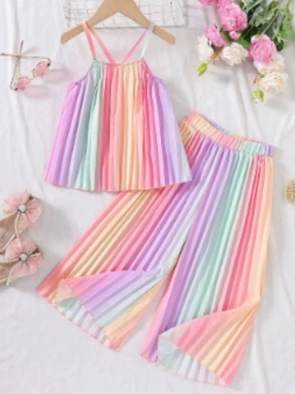 Children's Rainbow Pleated Cami Top and Wide Leg Pants Set, image 2