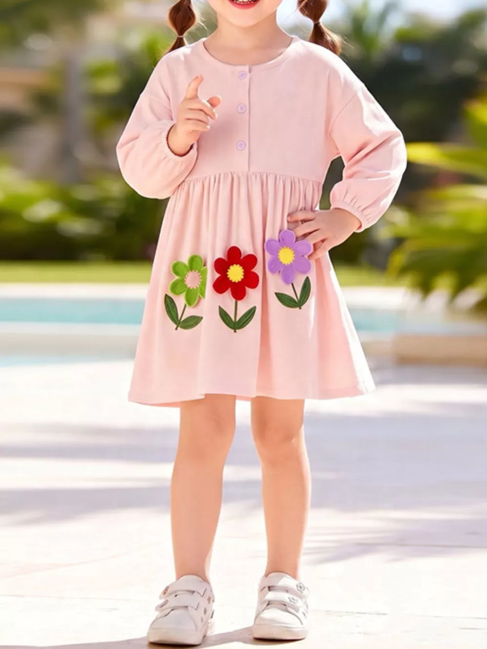 Children's Flower Button Detail Long Sleeve Dress, image 2