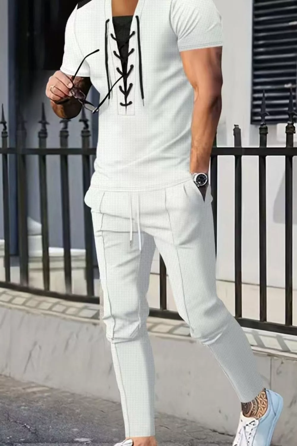 Men's Full Size Lace-Up Front Top and Pants Casual Set Plus Size, image 9