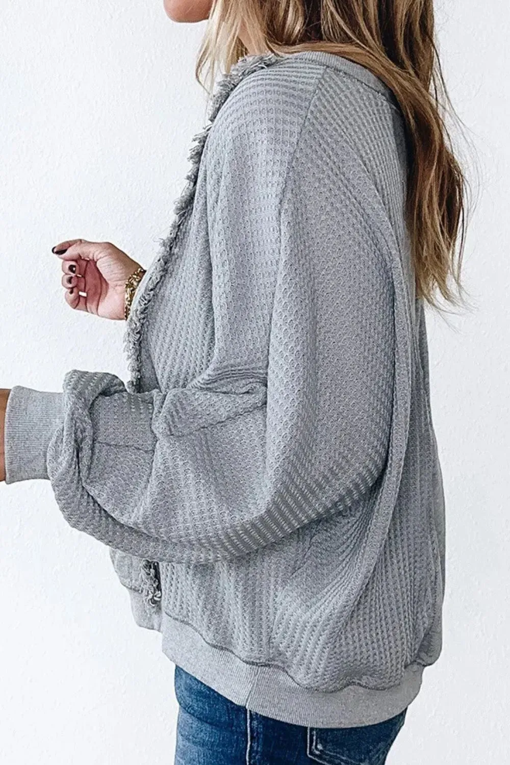 Waffle-Knit Round Neck Long Sleeve Top, image 2