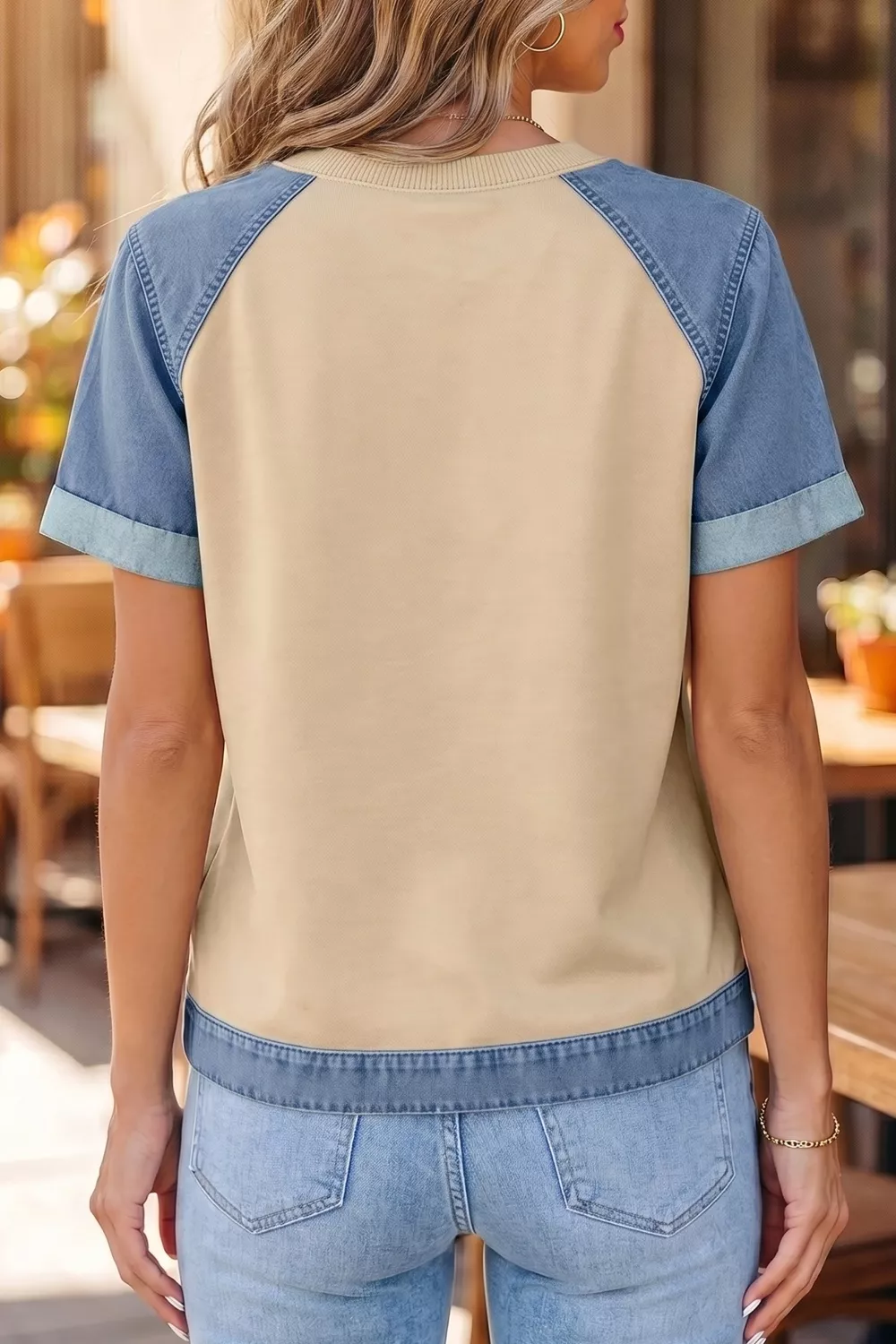 Denim Color Block Patchwork Round Neck Tee, image 4