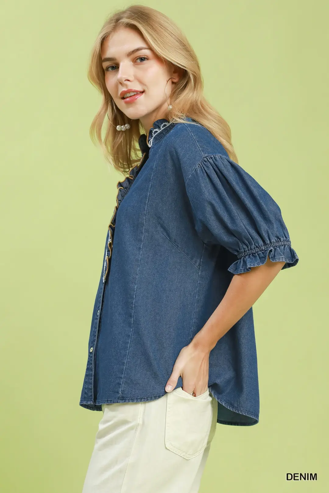 Chambray Scalloped Trim Button Front Blouse, image 2