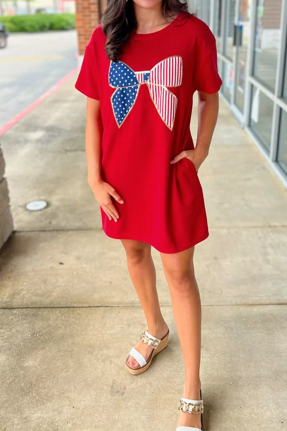 Sequin Trim Stars and Stripes Bow Patched T Shirt Mini Dress, image 4