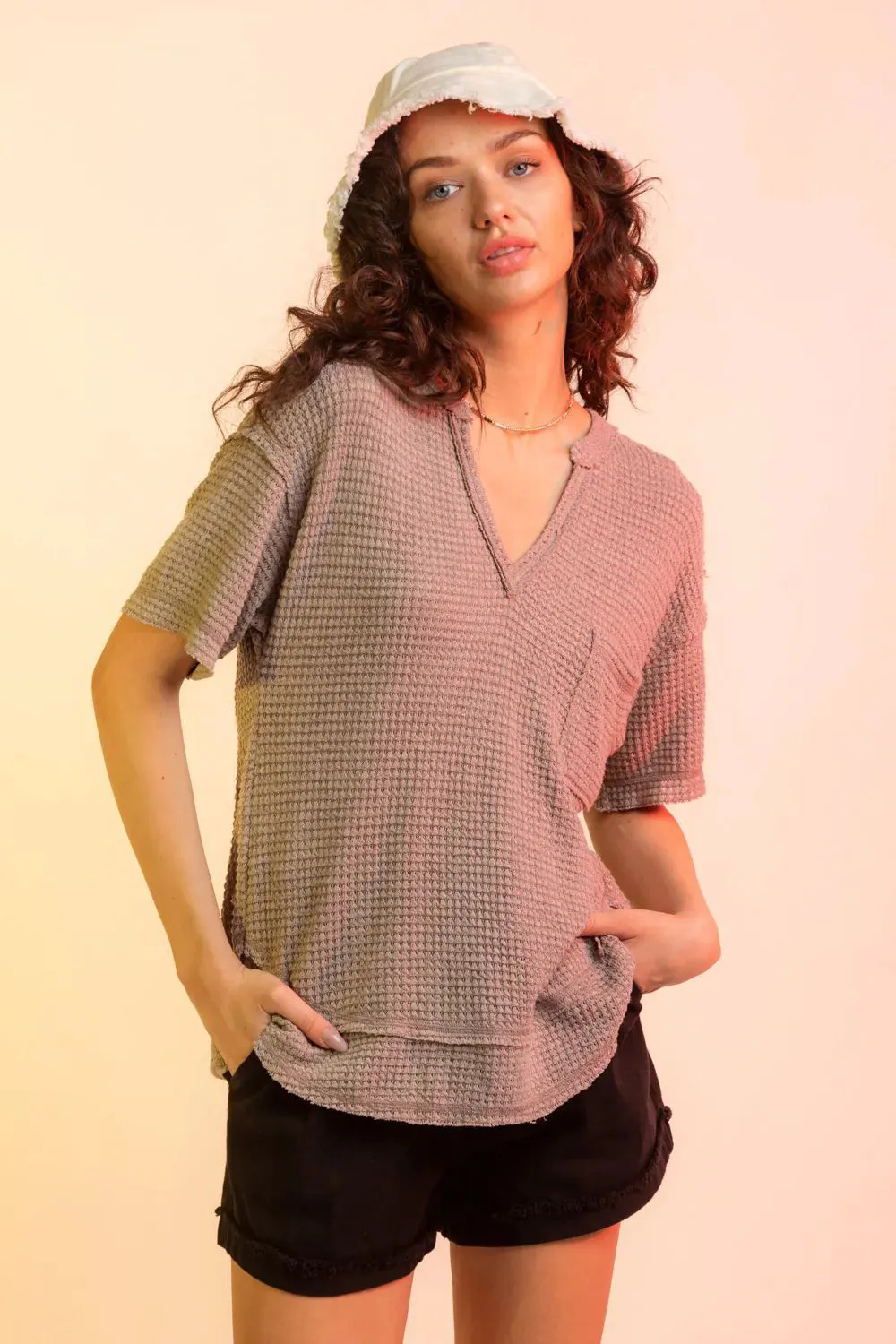 Waffle-Knit Notched Half Sleeve T-Shirt, image 11