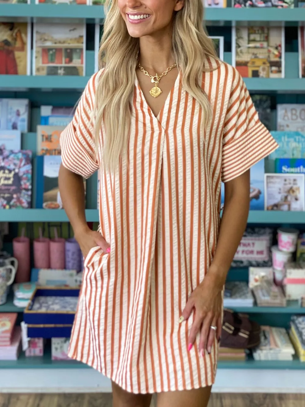 Stripe Pinched V Neck Turn-up Cuffs Shift Mini Dress, image 7