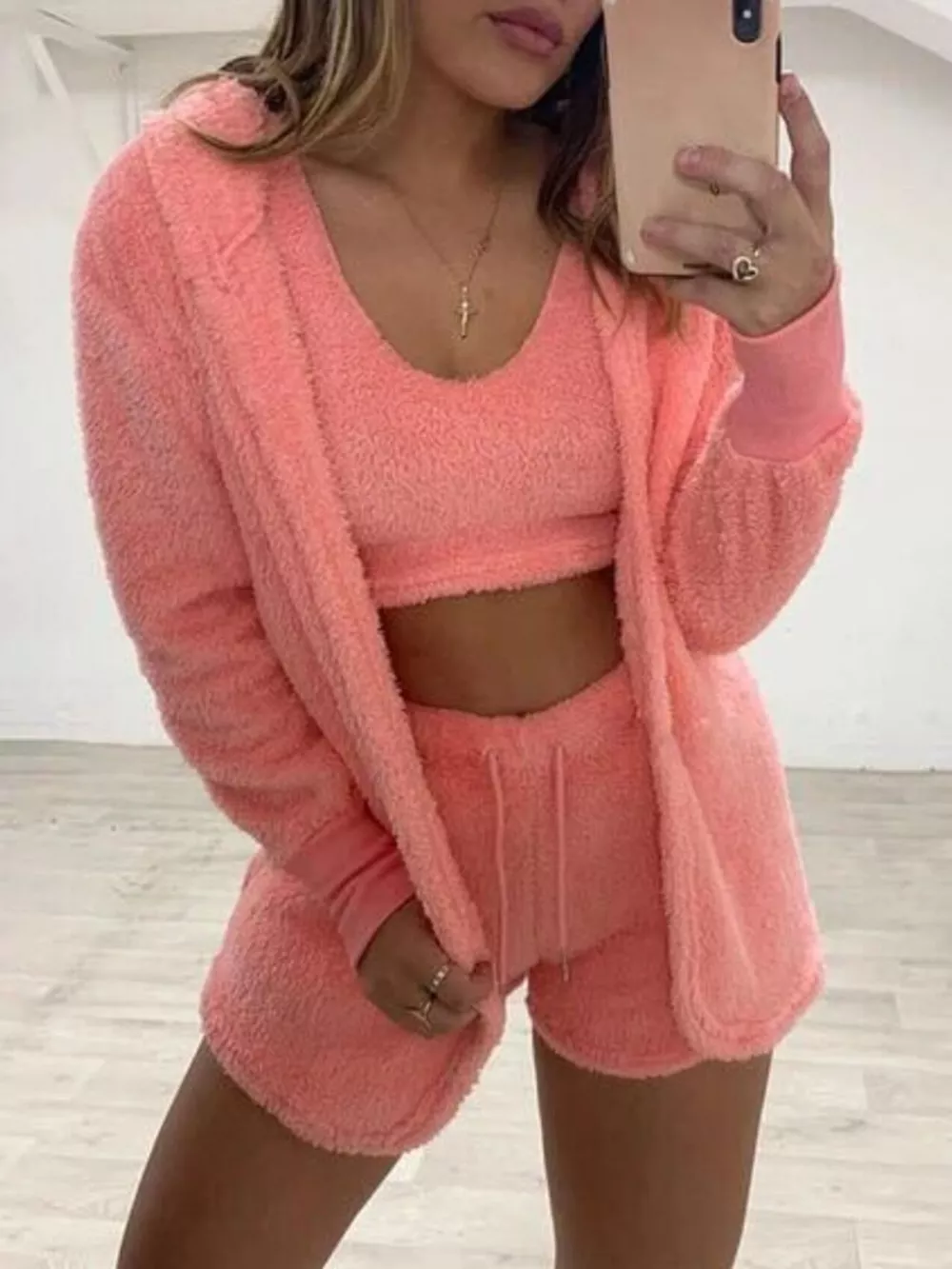 Full Size Fuzzy Tank & Cardigan and Shorts Three-Piece Set Plus Size, image 9