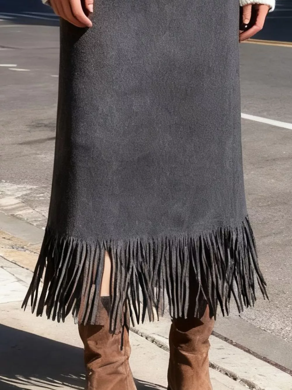 High-Waisted Suede Fringe Midi Skirt, image 13