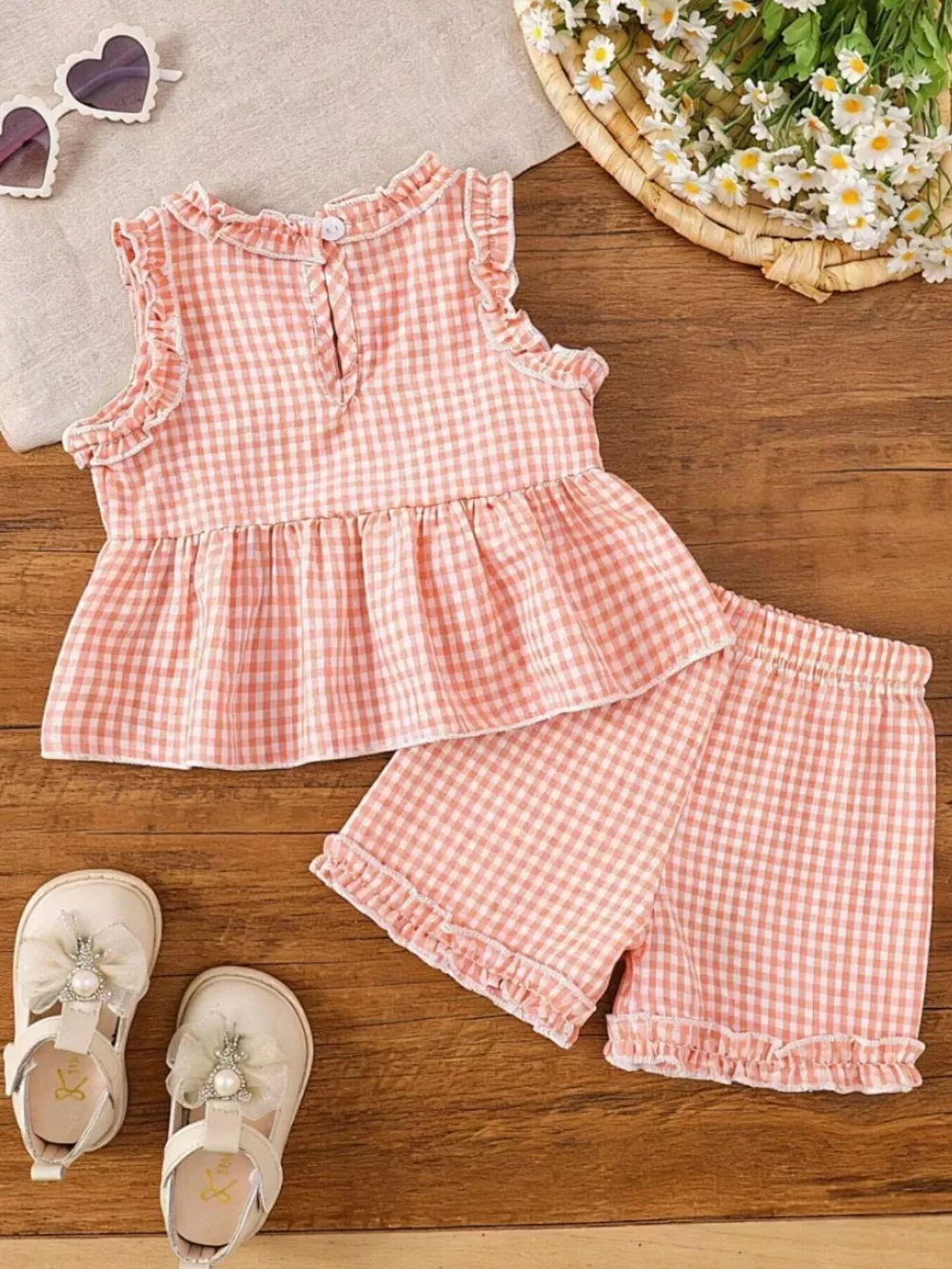 Children's Gingham Ruffle Trim Tank Top & Shorts Set, image 6