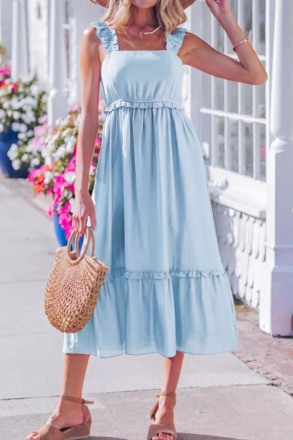 Solid Color Ruffle Trim High Waist Sleeveless Dress, image 3