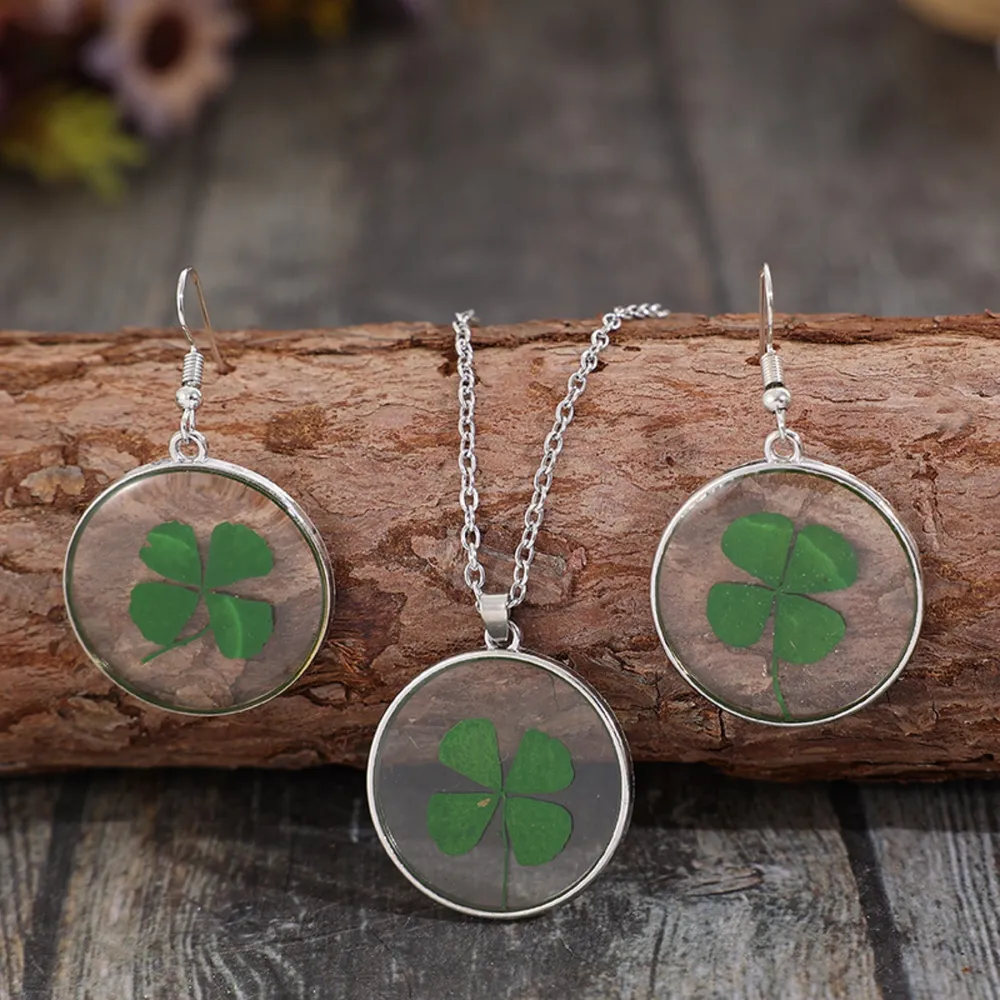 Lucky Clover Alloy Acrylic Earrings and Necklace Jewelry Set, image 2