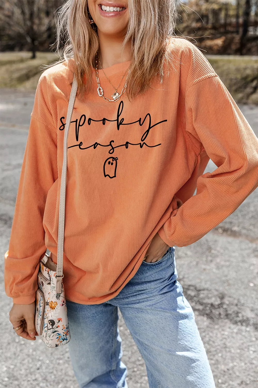 Spooky Season Ghost Letter Cozy Ribbed Pullover Sweatshirt
