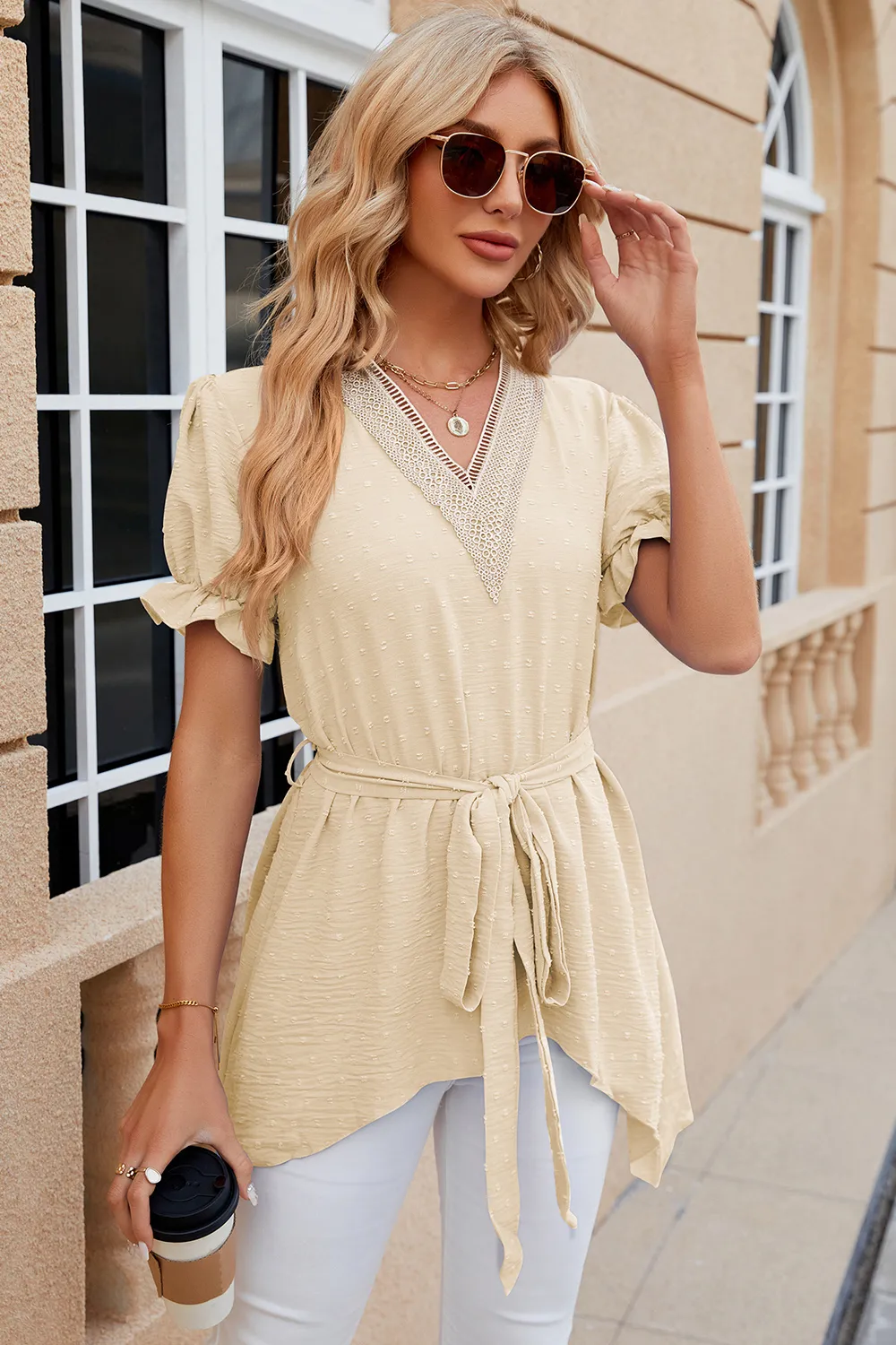 Swiss Dot Tie Waist Flounce Sleeve Blouse, image 17