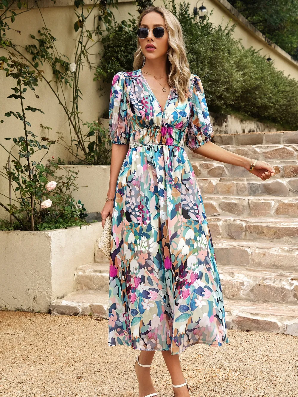 Smocked Printed V-Neck Half Sleeve Midi Dress, image 14