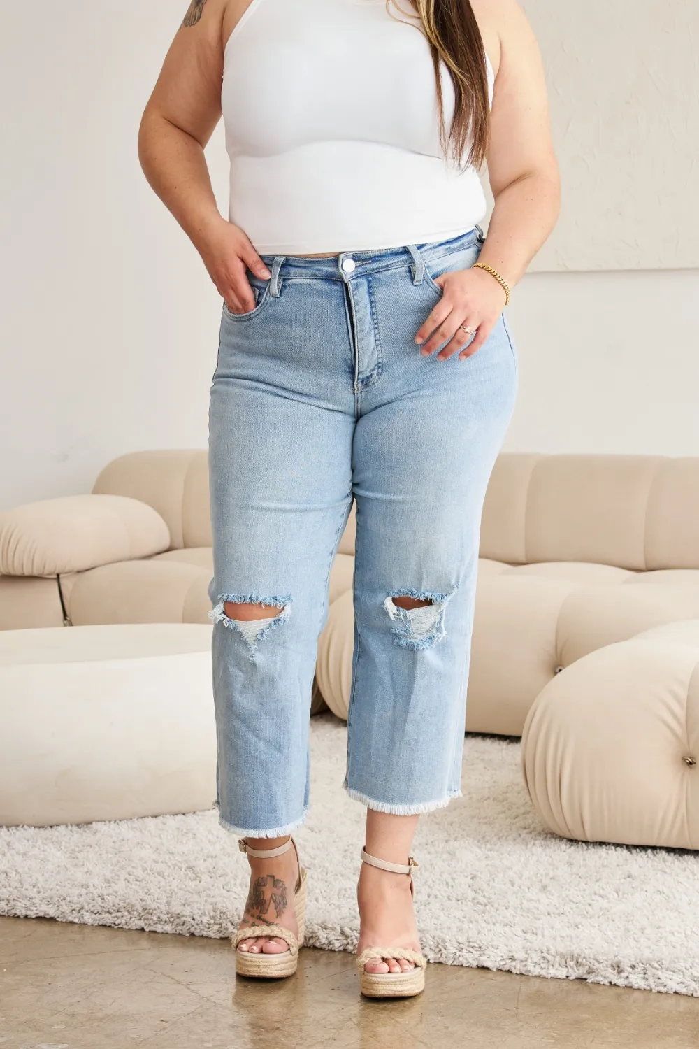 Full Size Tummy Control High Waist Raw Hem Distressed Jeans, image 11