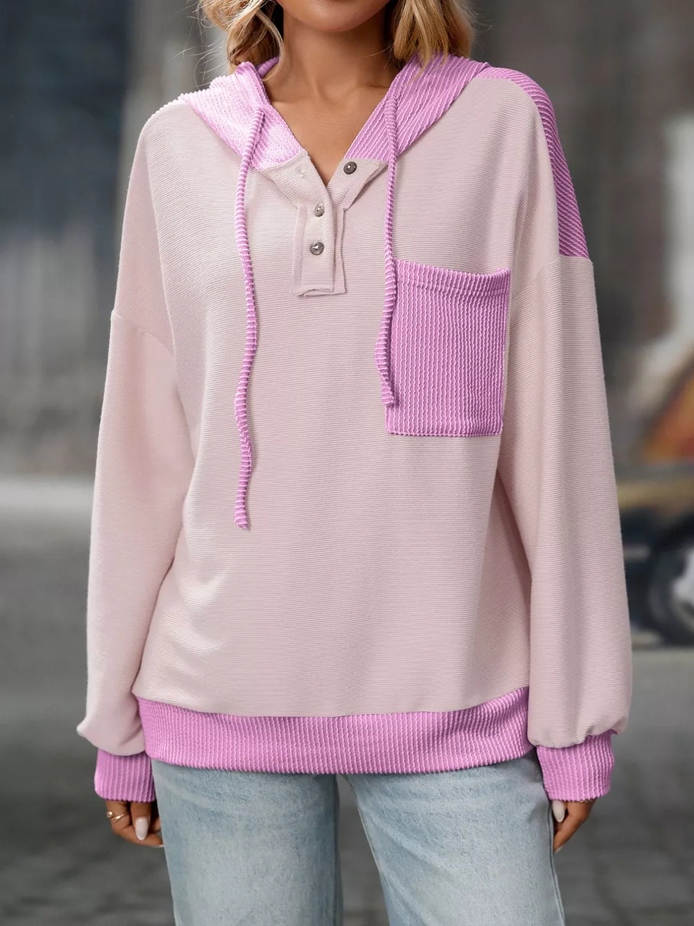 Casual Color Block Button Detail Hoodie, image 4