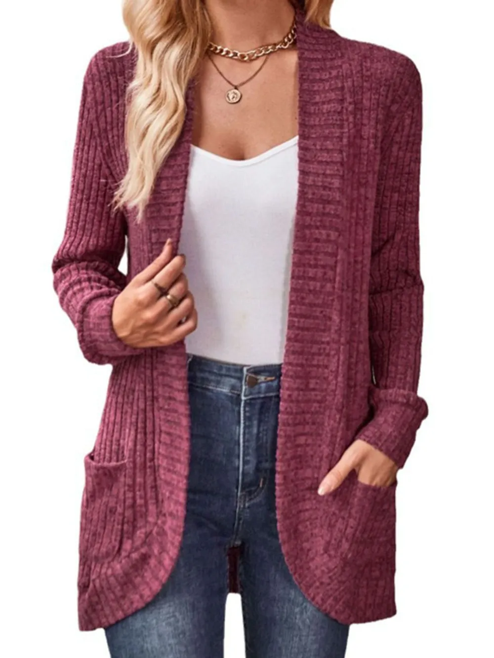 Ribbed Knit Open Front Cardigan with Pockets, image 8