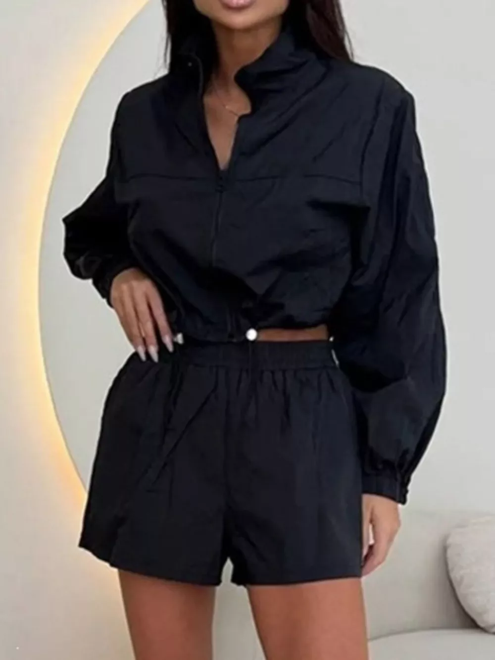 Zip-Up Crop Jacket and High-Waisted Shorts Set, image 8