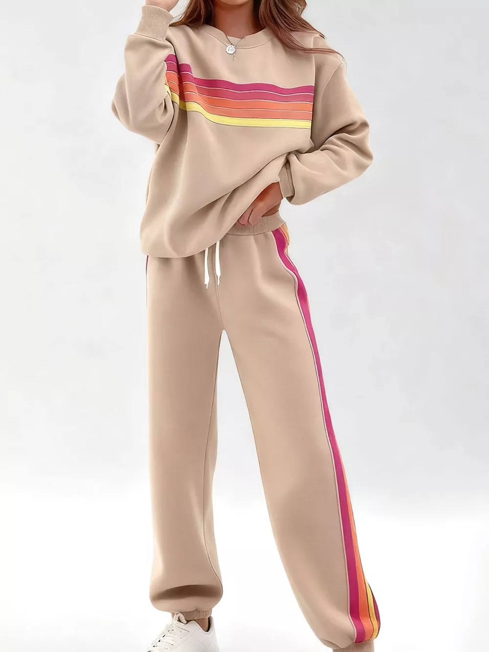 Striped Round Neck Sweatshirt and Pants Set, image 15