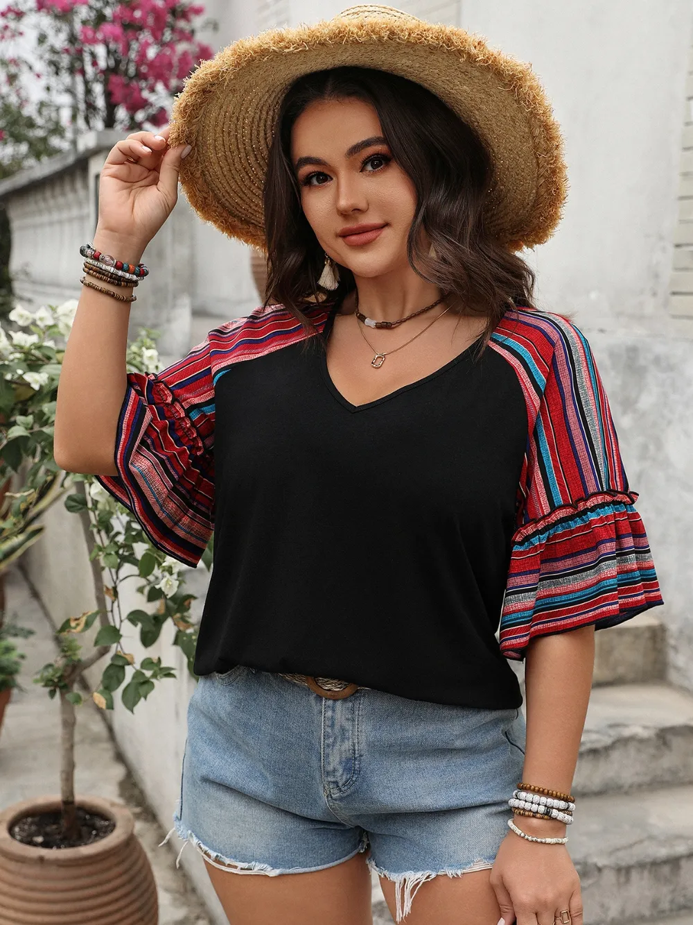 Plus Size V-Neck Flounce Sleeve Top, image 6