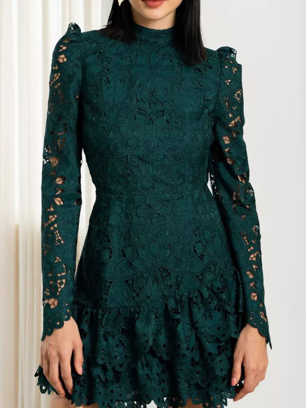 Lace Mock Neck Long Sleeve Mini Dress, image 4