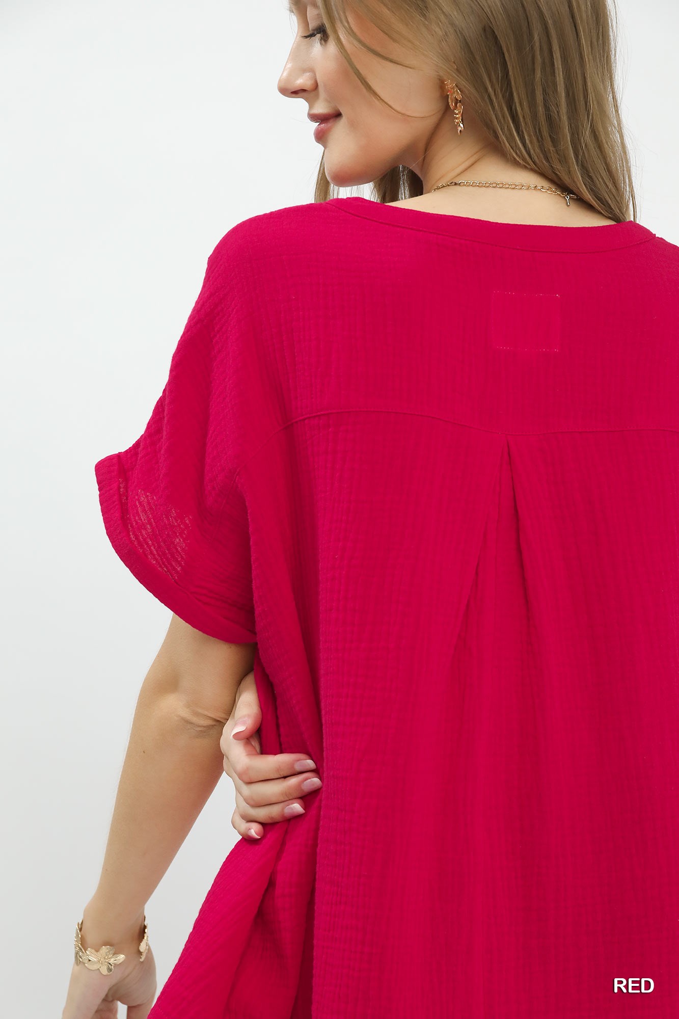 Textured Gauze Split-Neck Boho Blouse, image 4