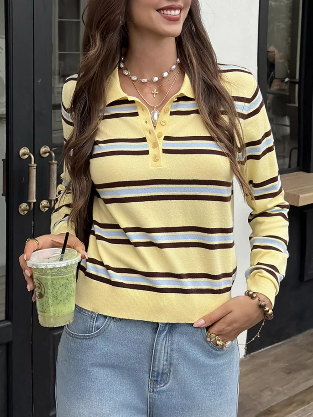 Striped Polo Collar Knit Top, image 4