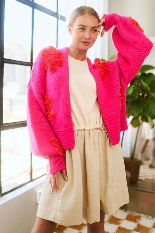 Floral Applique Open Front Drop Shoulder Cardigan, image 4