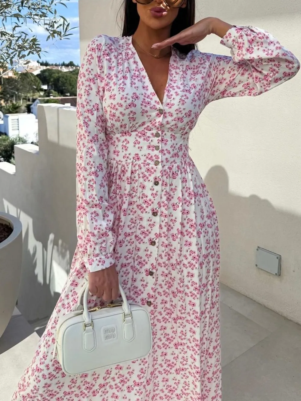 Floral Print Long Sleeve V-Neck Dress, image 9