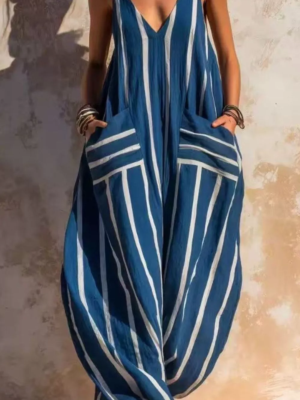 Striped V-Neck Sleeveless Wide-Leg Jumpsuit, image 7