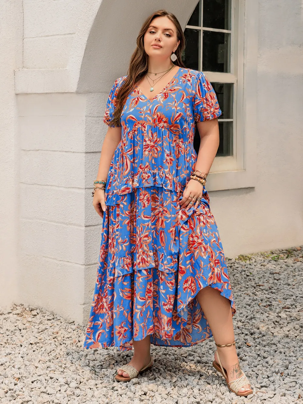 Plus Size Ruffled Printed V-Neck Short Sleeve Maxi Dress, image 6