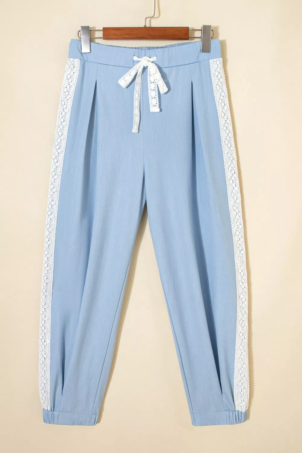 Lace Accent Floral Patched Pocket Pleated Wide Leg Slouchy Pants, image 3