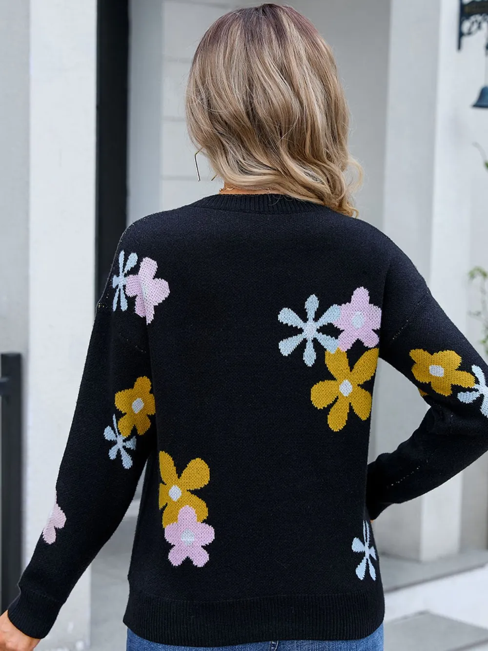 Flower Round Neck Dropped Shoulder Sweater, image 7