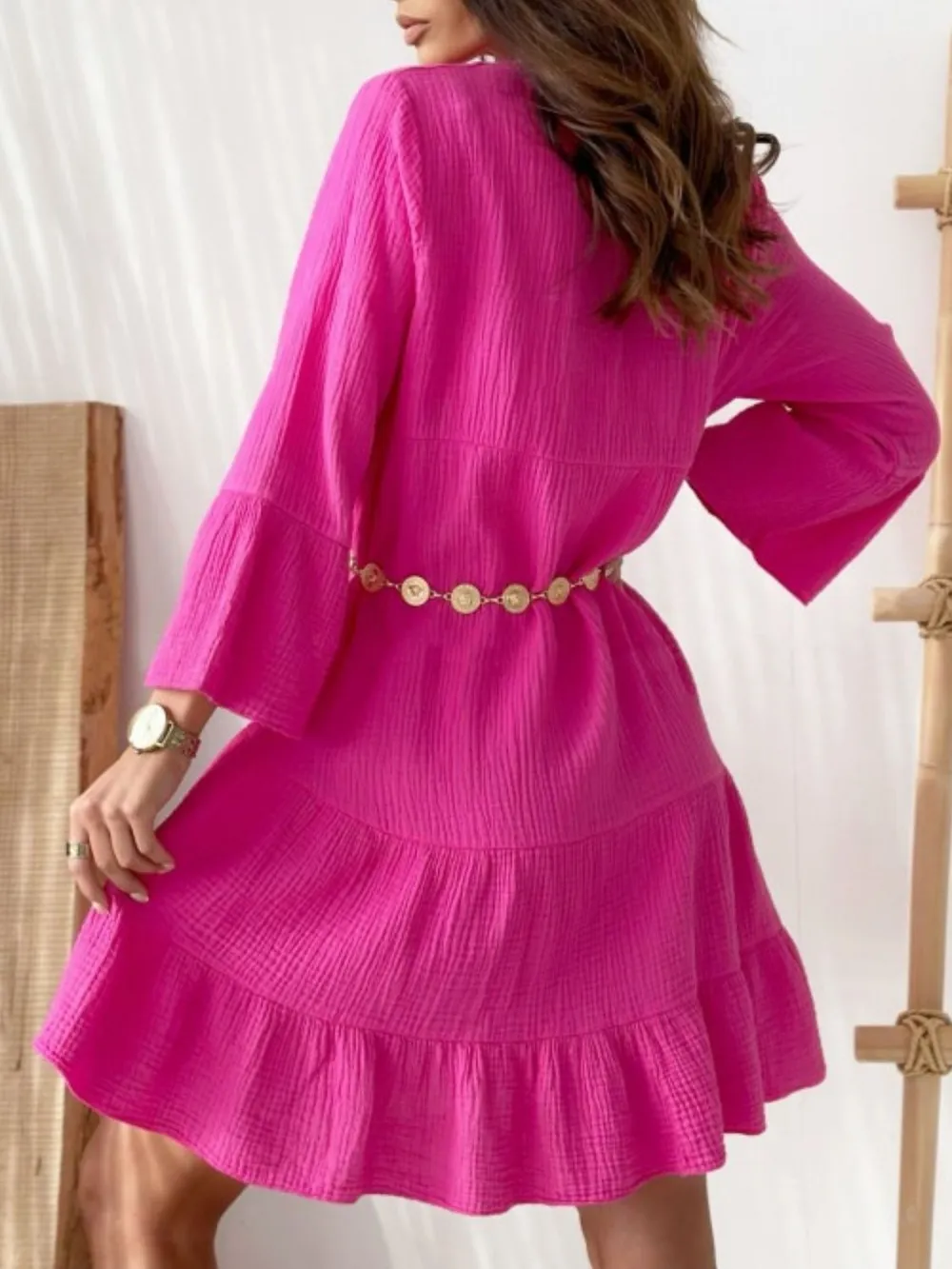 Button Detail Notched Long Sleeve Dress, image 10
