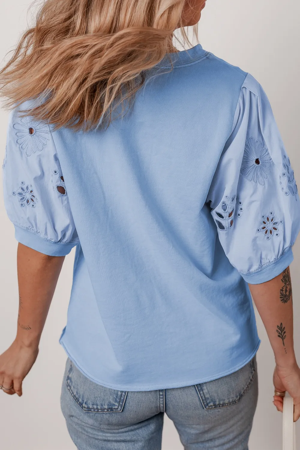 Eyelet Flower Embroidered Puff Short Sleeve Patchwork Crew Neck Blouse, image 3