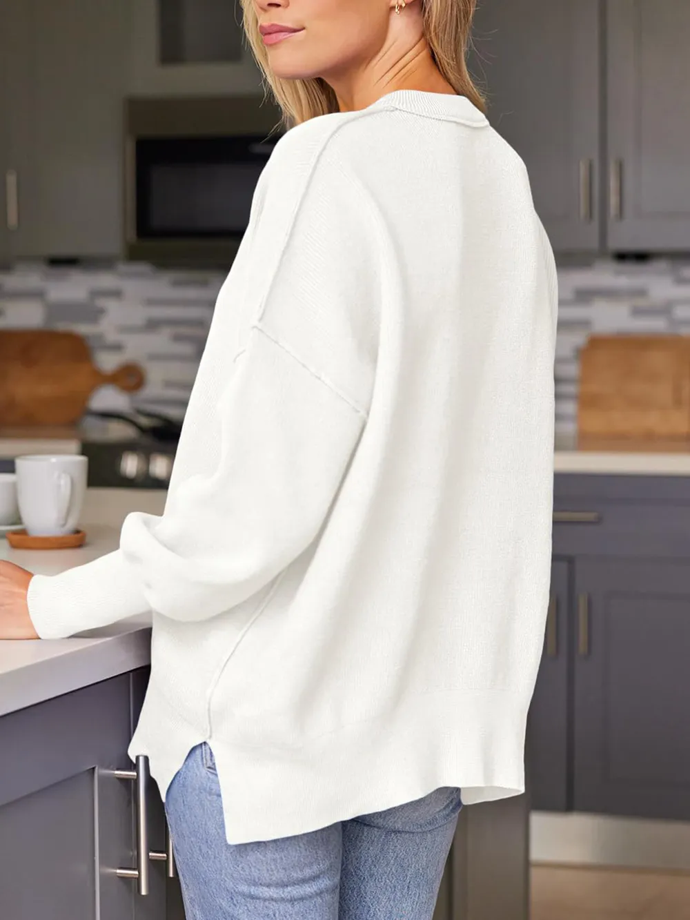 Slit Round Neck Dropped Shoulder Sweater, image 18