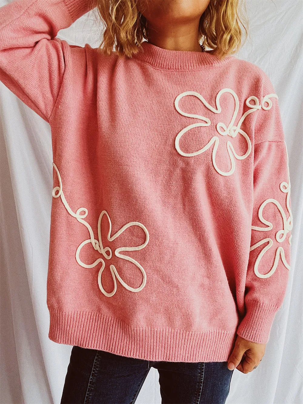 Flower Round Neck Long Sleeve Sweater, image 8