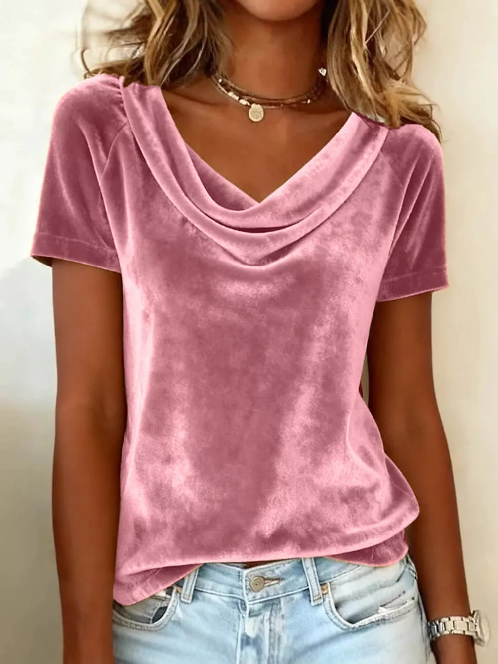 Velvet Cowl Neck Short Sleeve Top, image 5