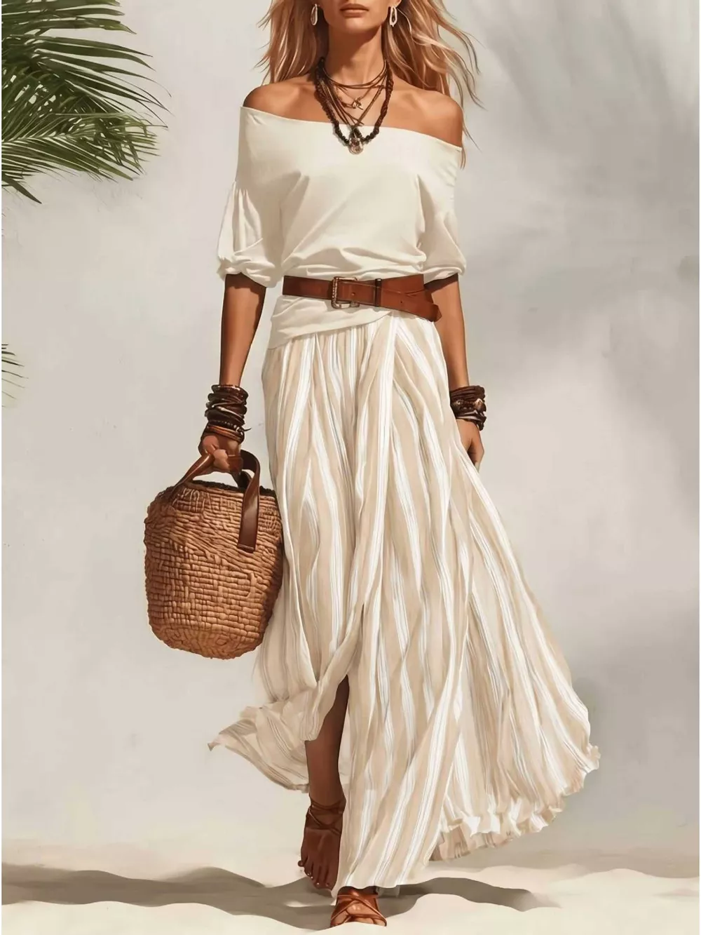 Off Shoulder Top and Striped Maxi Skirt Set, image 7