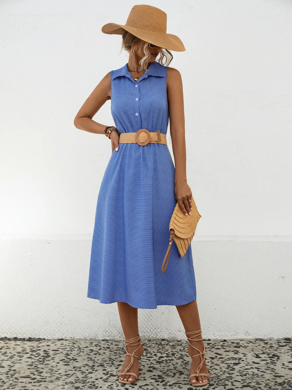Striped Collared Neck Sleeveless Midi Dress, image 6