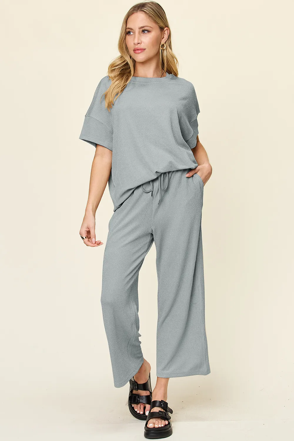 Full Size Texture Round Neck Short Sleeve T-Shirt and Wide Leg Pants, image 20