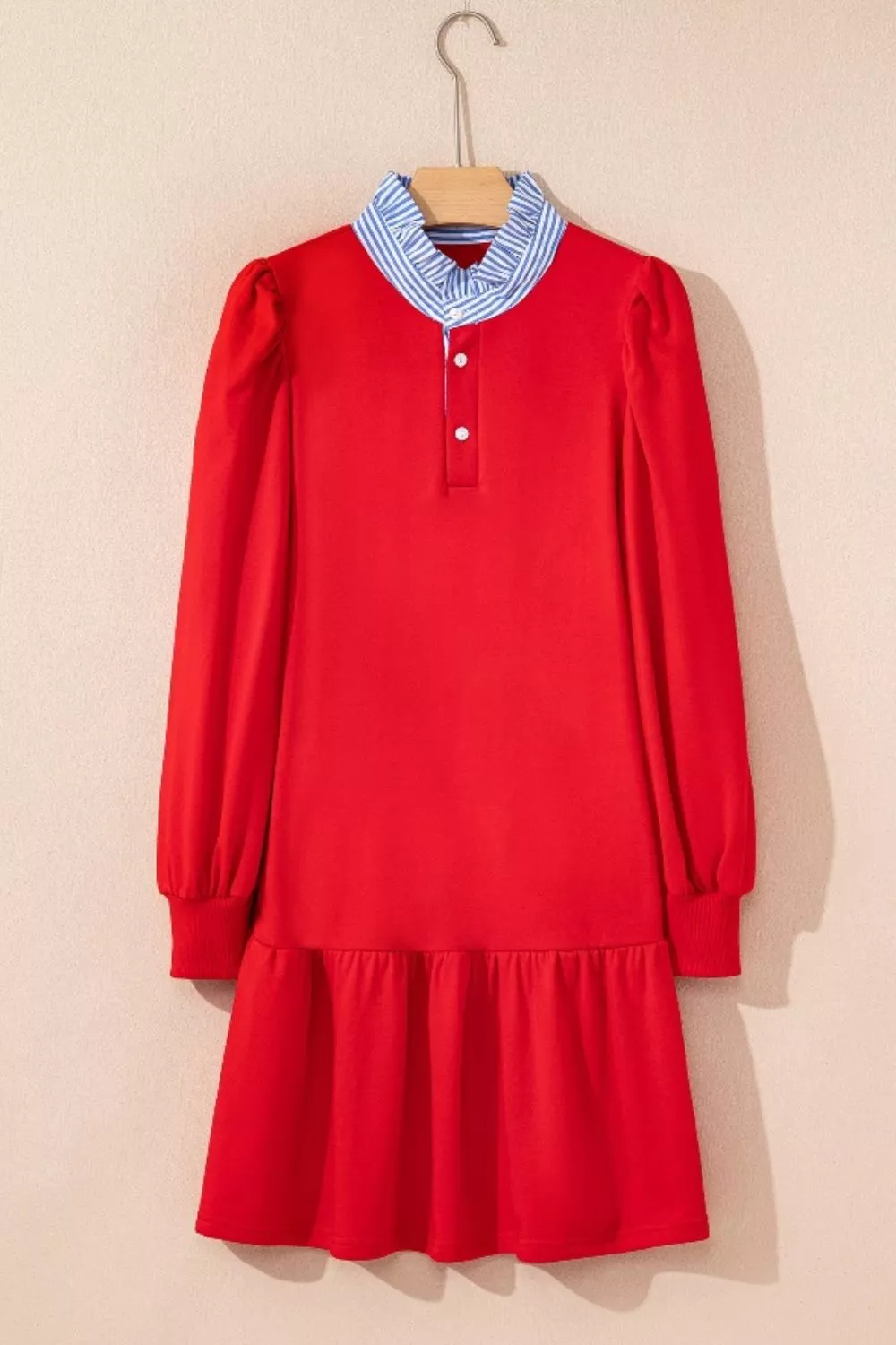 Contrast Striped Collar Patchwork Puff Sleeve Ruffle Hem Mini Dress, image 5