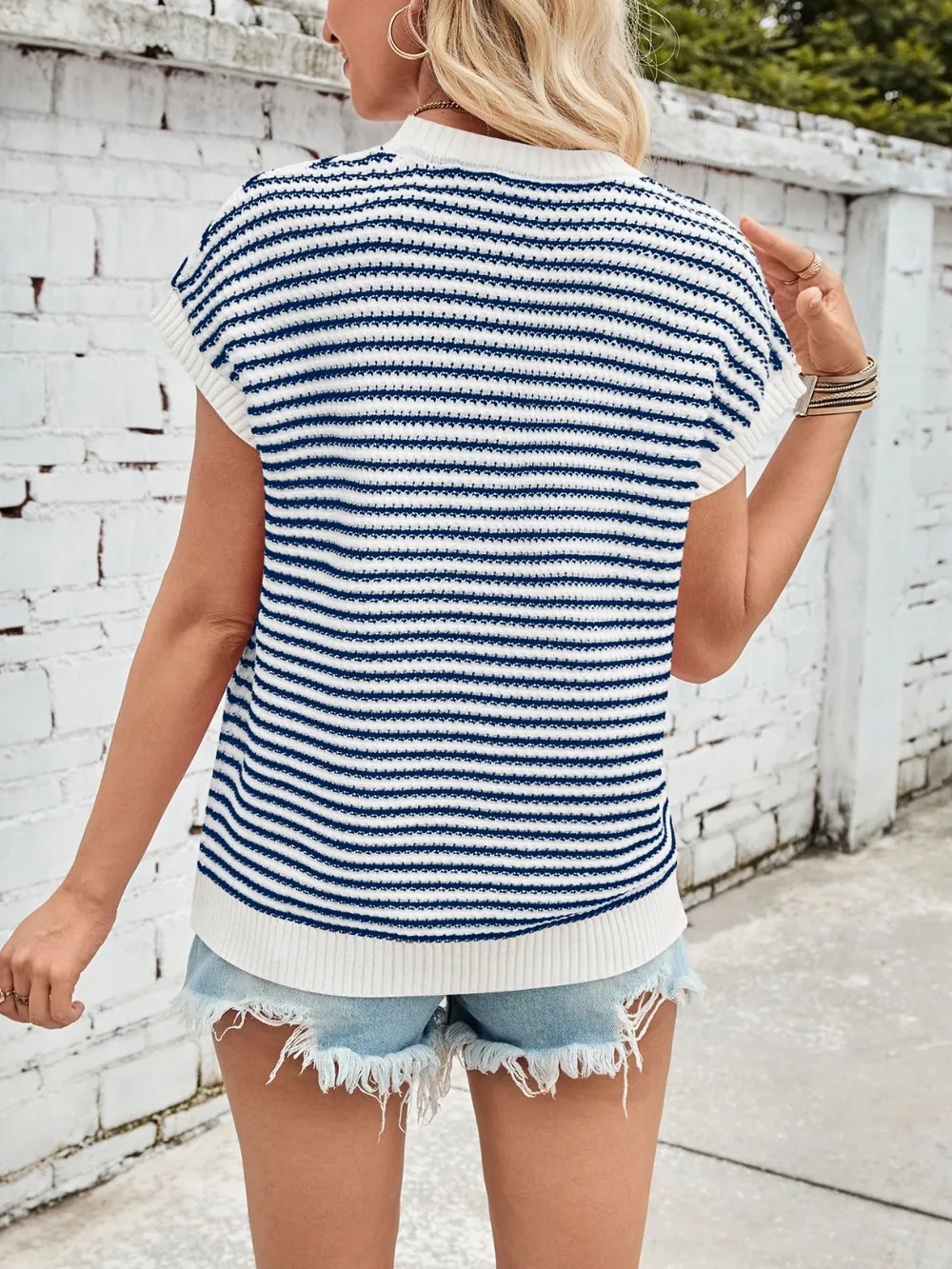 Striped Round Neck Cap Sleeve Sweater, image 12