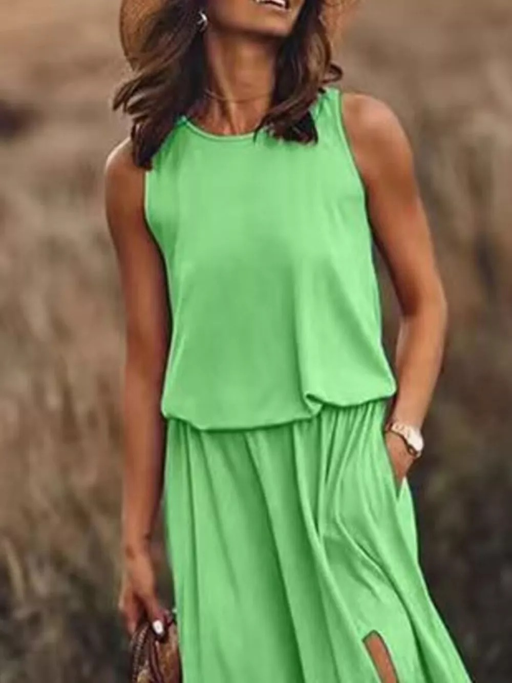 Full Size Round Neck Sleeveless Slit Maxi Dress Plus Size, image 17