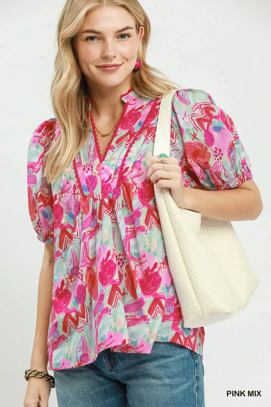 Abstract Print Puff Sleeve Top